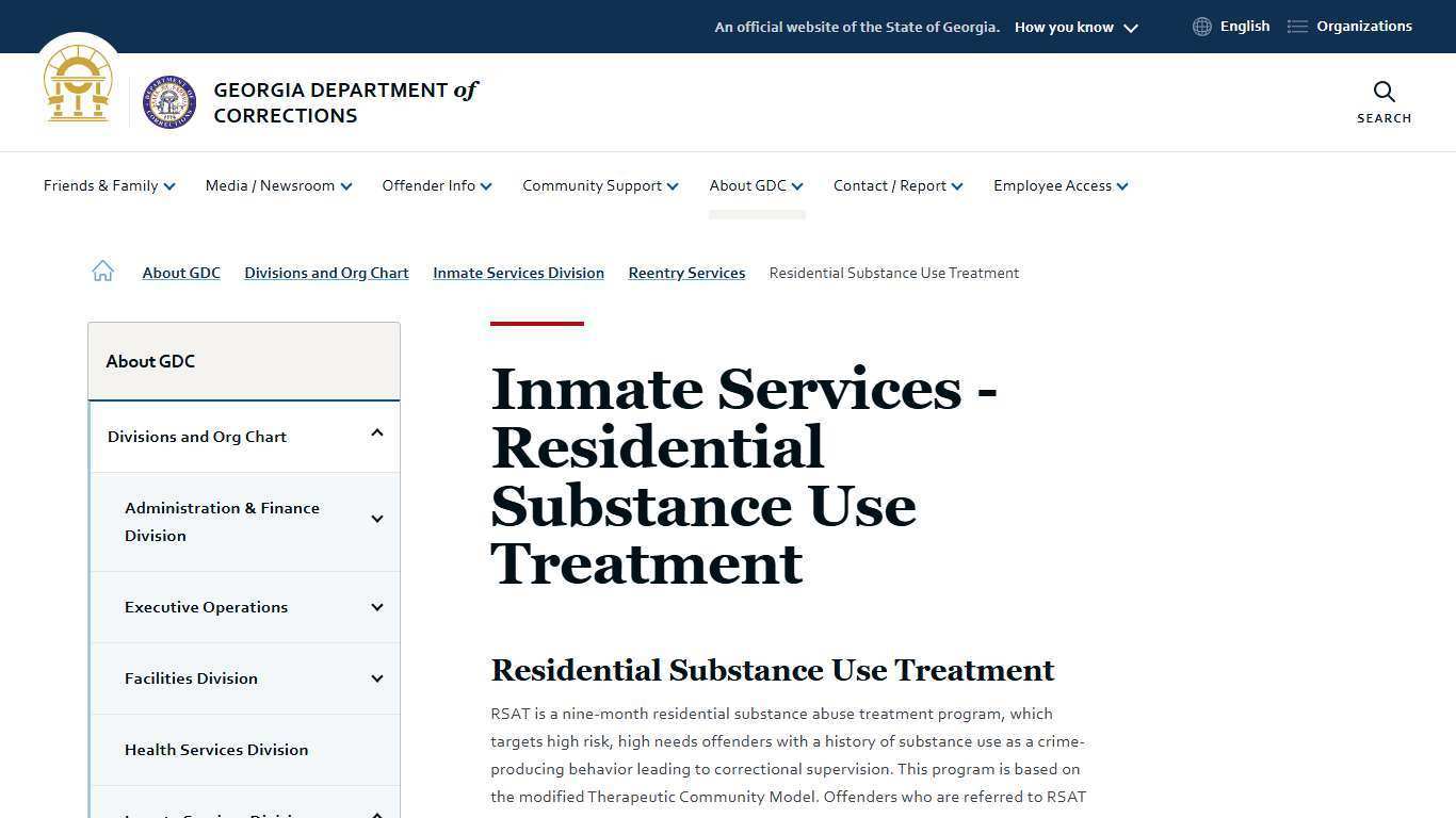 Inmate Services - Residential Substance Use Treatment | Georgia Department of Corrections